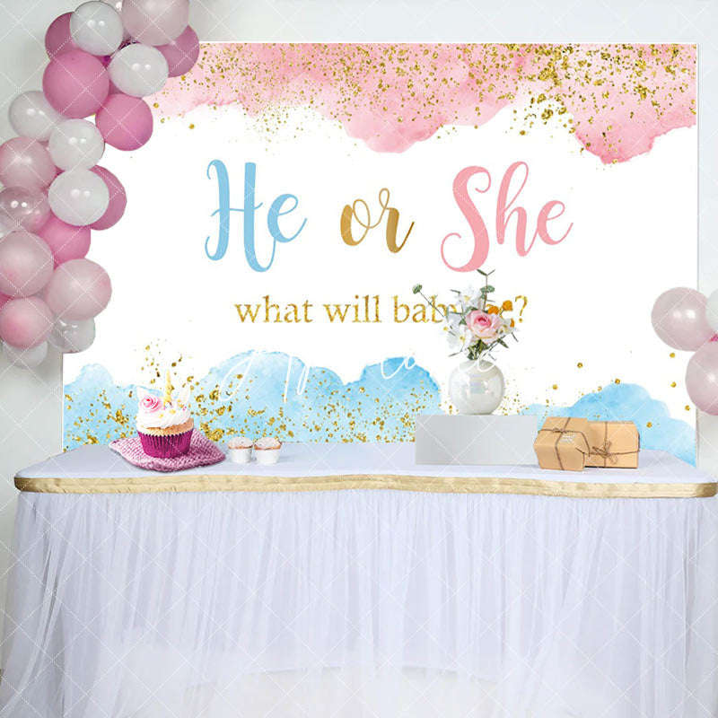 Aperturee - He Or She Glitter Blue Pink Gender Reveal Backdrop