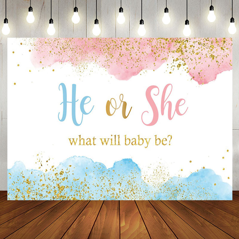 Aperturee - He Or She Glitter Blue Pink Gender Reveal Backdrop