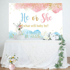 Aperturee - He Or She Glitter Blue Pink Gender Reveal Backdrop