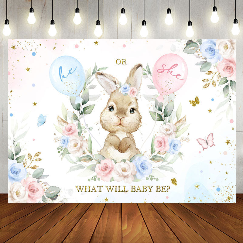 Aperturee - He Or She Little Bunny Floral Baby Shower Backdrop