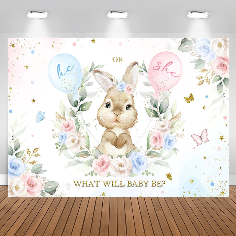 Aperturee - He Or She Little Bunny Floral Baby Shower Backdrop