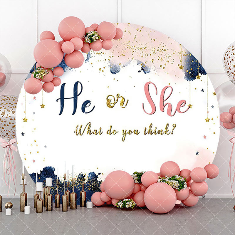 Aperturee - He Or She White Round Gender Reveal Party Backdrop