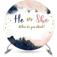 Aperturee - He Or She White Round Gender Reveal Party Backdrop