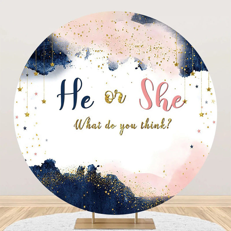 Aperturee - He Or She White Round Gender Reveal Party Backdrop