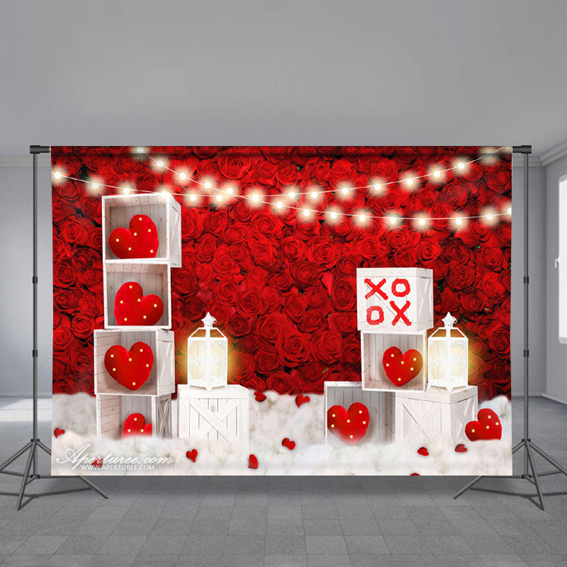 Aperturee - Heart Red Roses Light Valentines Photo Backdrop