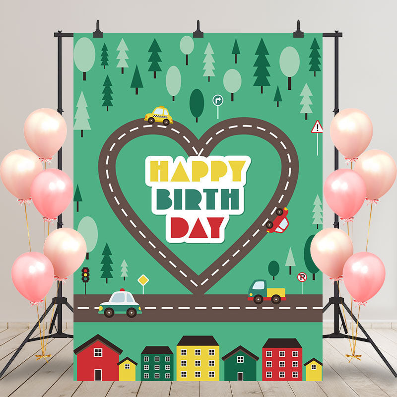 Aperturee - Heart Road Cars Forest Town Happy Birthday Backdrop