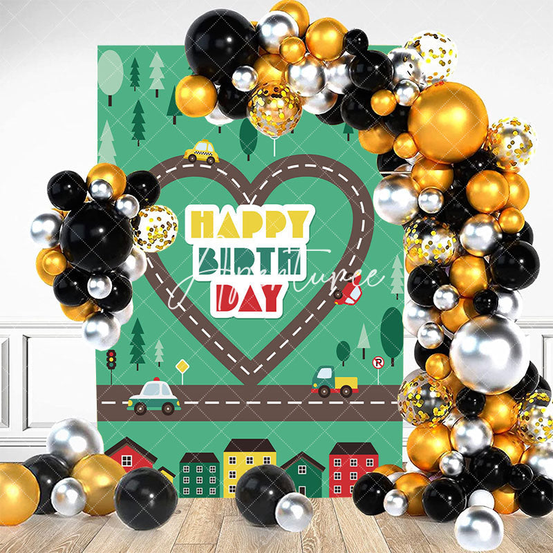 Aperturee - Heart Road Cars Forest Town Happy Birthday Backdrop