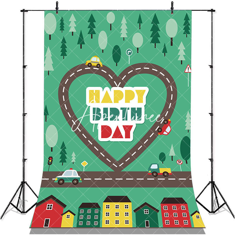 Aperturee - Heart Road Cars Forest Town Happy Birthday Backdrop