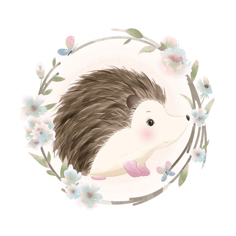 Aperturee - Hedgehog And Blue Floral Round Baby Shower Backdrop