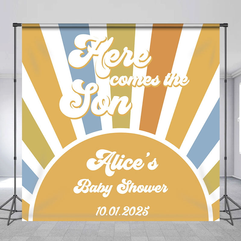 Aperturee - Here Come The Son Stripe Custom Baby Shower Backdrop