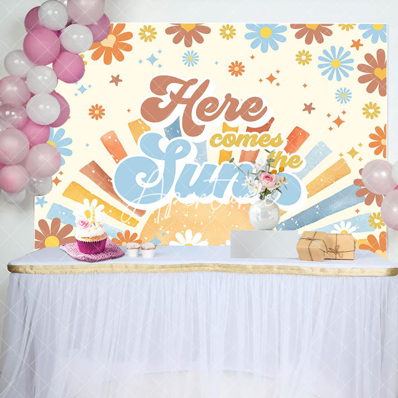 Aperturee - Here Comes The Sun Groovy Boho Baby Shower Backdrop