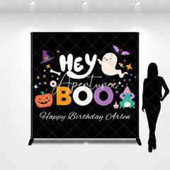 Aperturee - Hey Boo Black Halloween Custom Name Birthday Backdrop