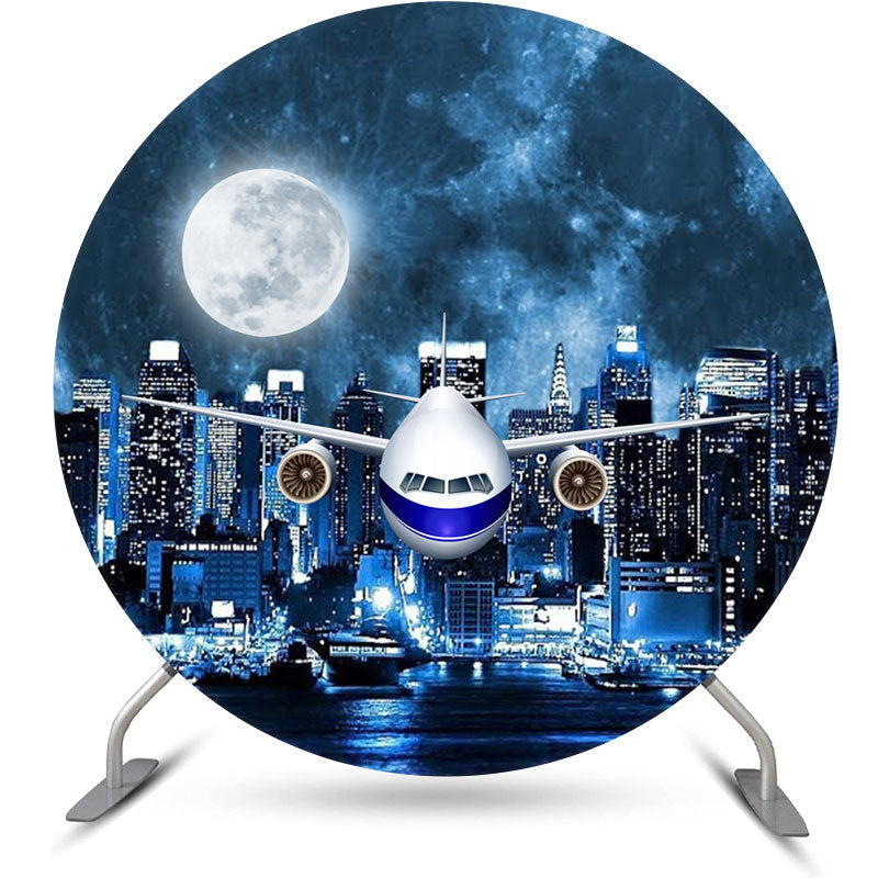 Aperturee - High Builddings And Airplane Round Birthday Backdrop Kit