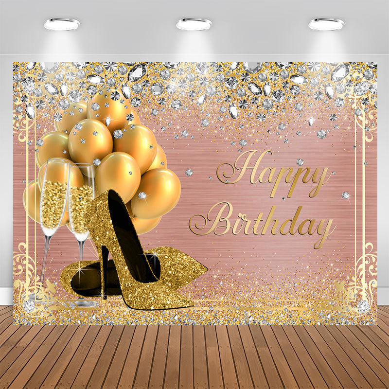 Aperturee - High Heels Balloon Rose Gold Happy Birthday Backdrop