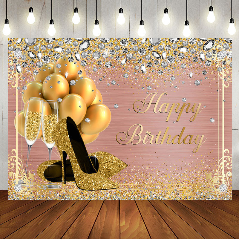 Aperturee - High Heels Balloon Rose Gold Happy Birthday Backdrop