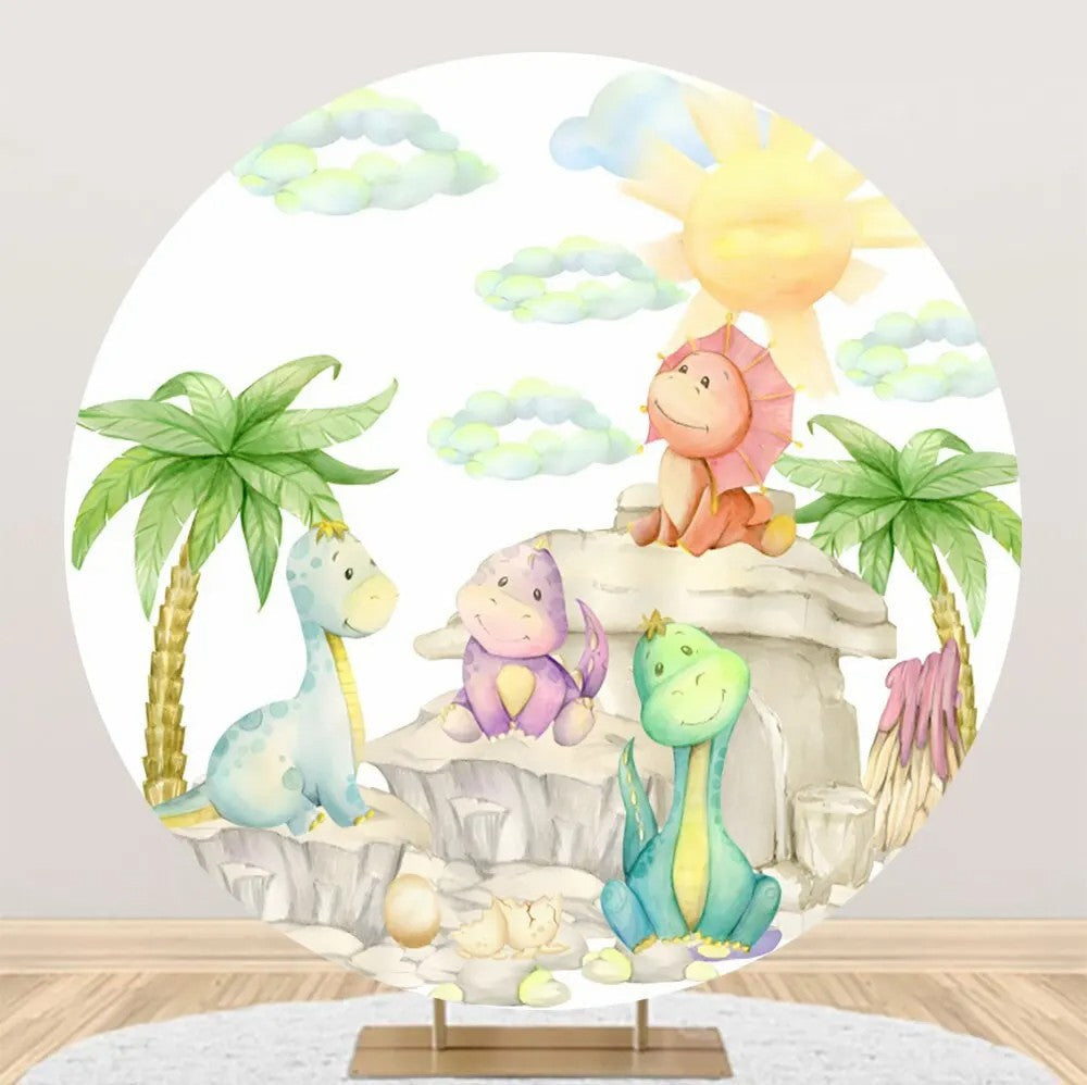 Aperturee - Hill Palm Trees Sun Dinosaurs Round Party Backdrop