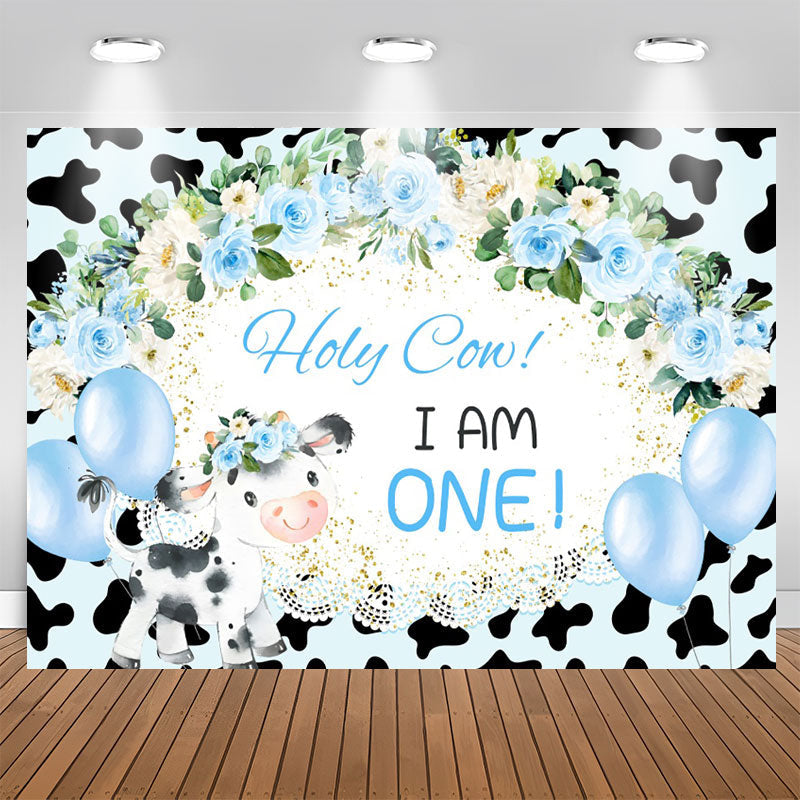 Aperturee - Holy Cow Blue Floral Balloon 1st Birthday Backdrop