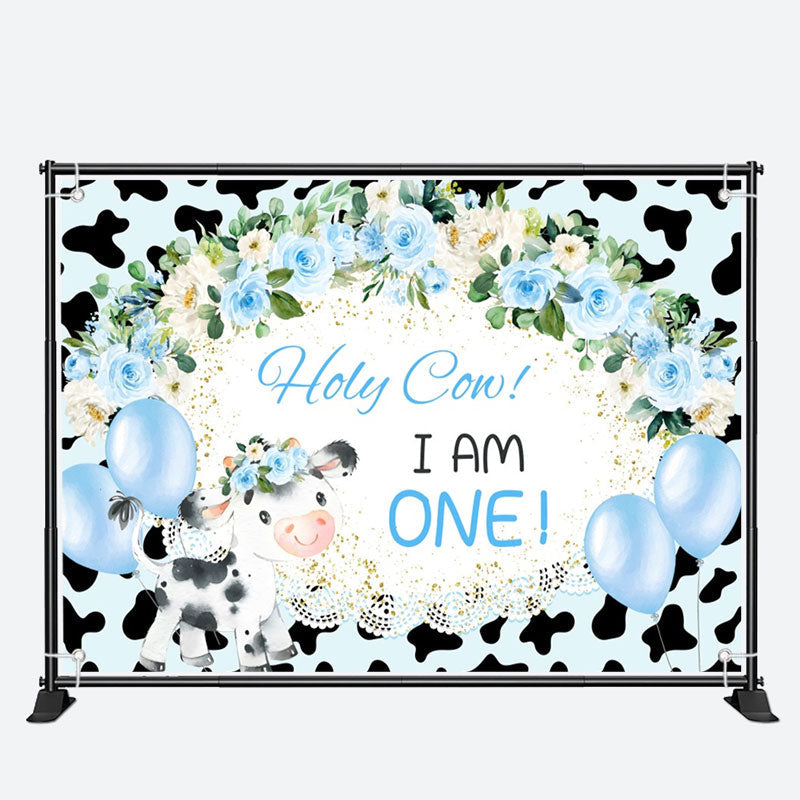 Aperturee - Holy Cow Blue Floral Balloon 1st Birthday Backdrop