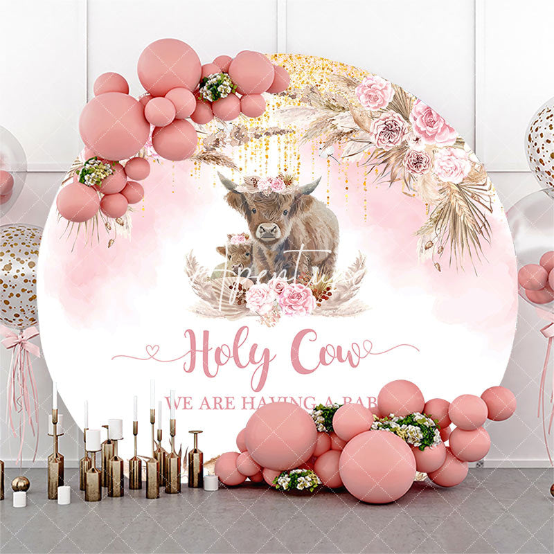 Aperturee - Holy Cow Pink Boho Floral Round Baby Shower Backdrop