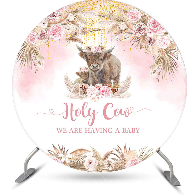 Aperturee - Holy Cow Pink Boho Floral Round Baby Shower Backdrop