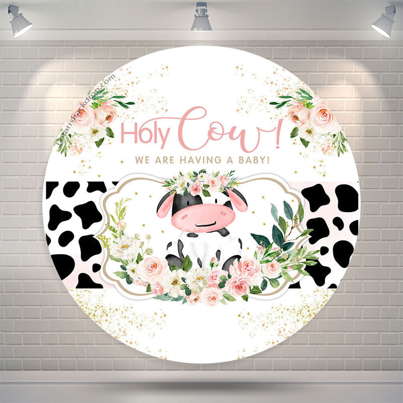 Aperturee Holy Cow Spot Pink Floral Circle Baby Shower Backdrop