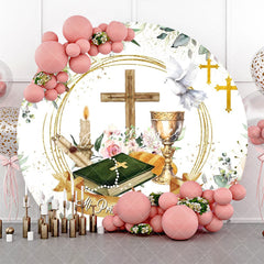 Aperturee - Holy Cross Book Dove Floral Round Baptism Backdrop