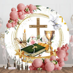 Aperturee - Holy Cross Book Dove Floral Round Baptism Backdrop