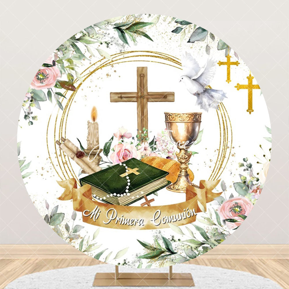 Aperturee - Holy Cross Book Dove Floral Round Baptism Backdrop