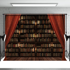 Aperturee - Horrible Red Curtain With Book Shelf Halloween Backdrop