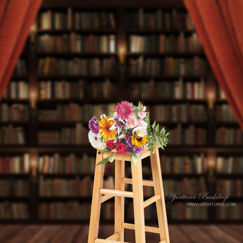 Aperturee - Horrible Red Curtain With Book Shelf Halloween Backdrop