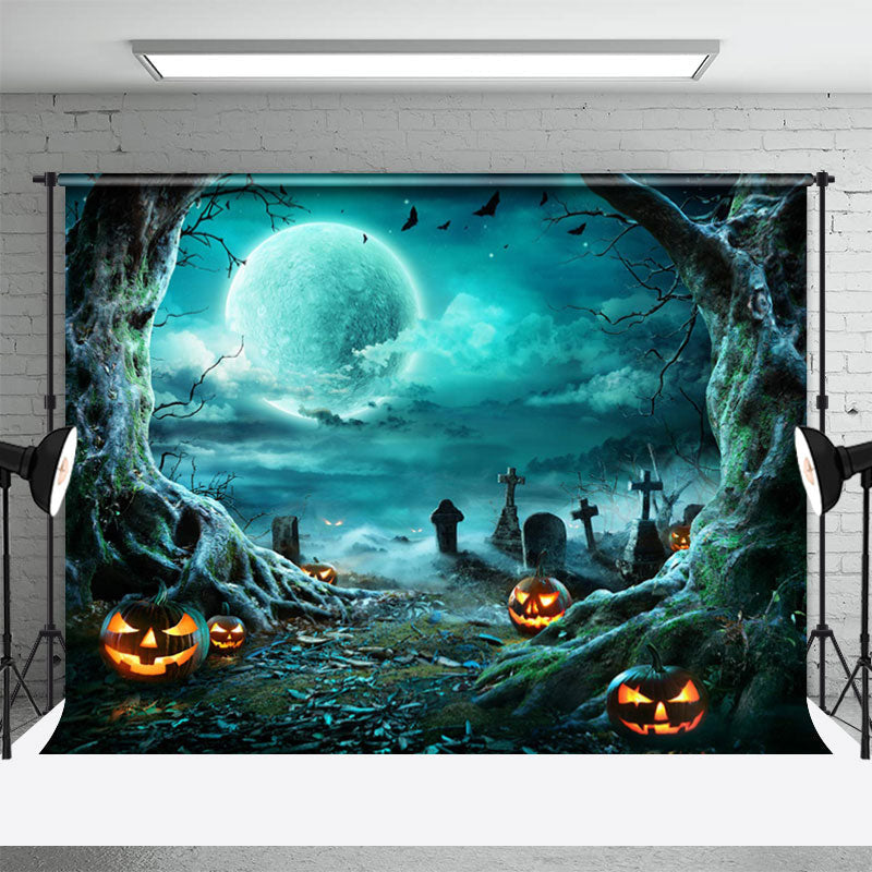 Aperturee - Horror Moon Night Cemetery Pumpkin Halloween Backdrop