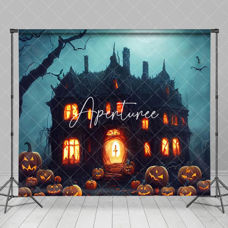 Aperturee - Horror Vibe Pumpkin Wooden Castle Halloween Night Backdrop