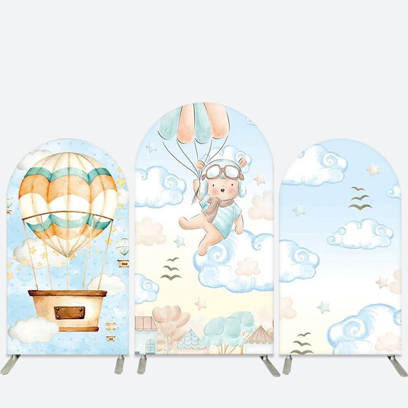 Aperturee Hot Balloon Bear Blue Sky Arch Backdrop Kit for Baby