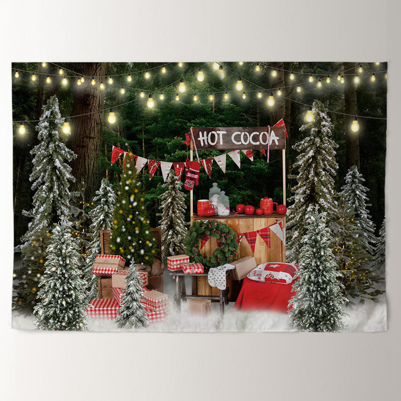 Aperturee - Hot Coca In Snowy Forest Light Christmas Backdrop