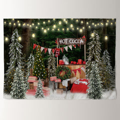 Aperturee - Hot Coca In Snowy Forest Light Christmas Backdrop