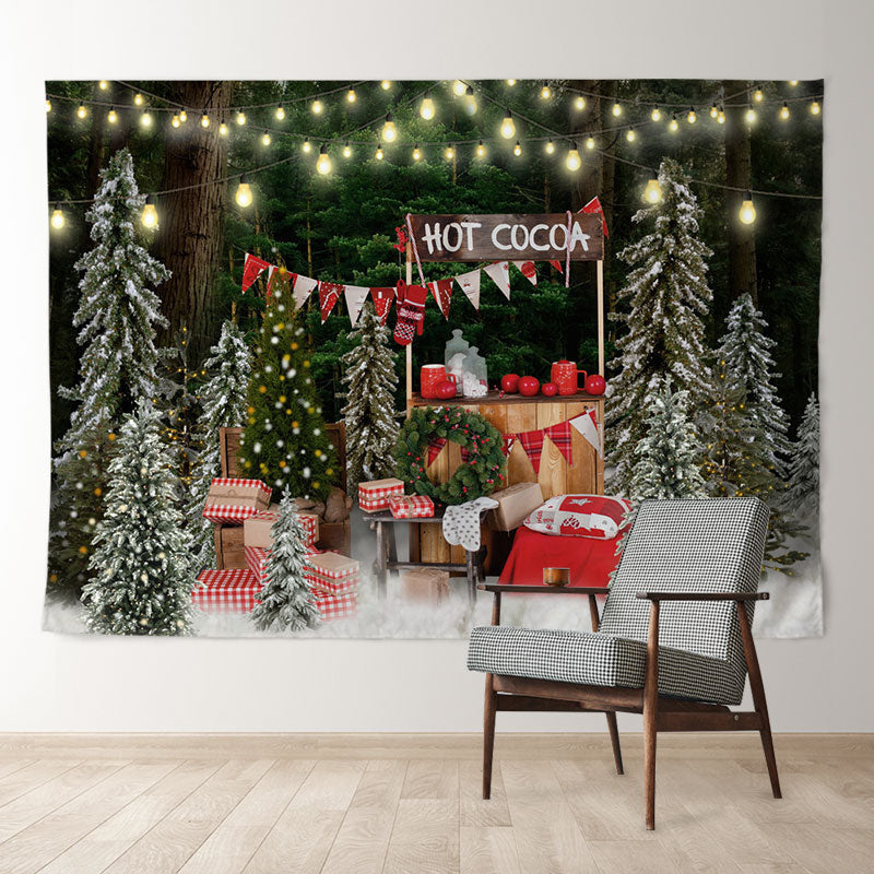 Aperturee - Hot Coca In Snowy Forest Light Christmas Backdrop