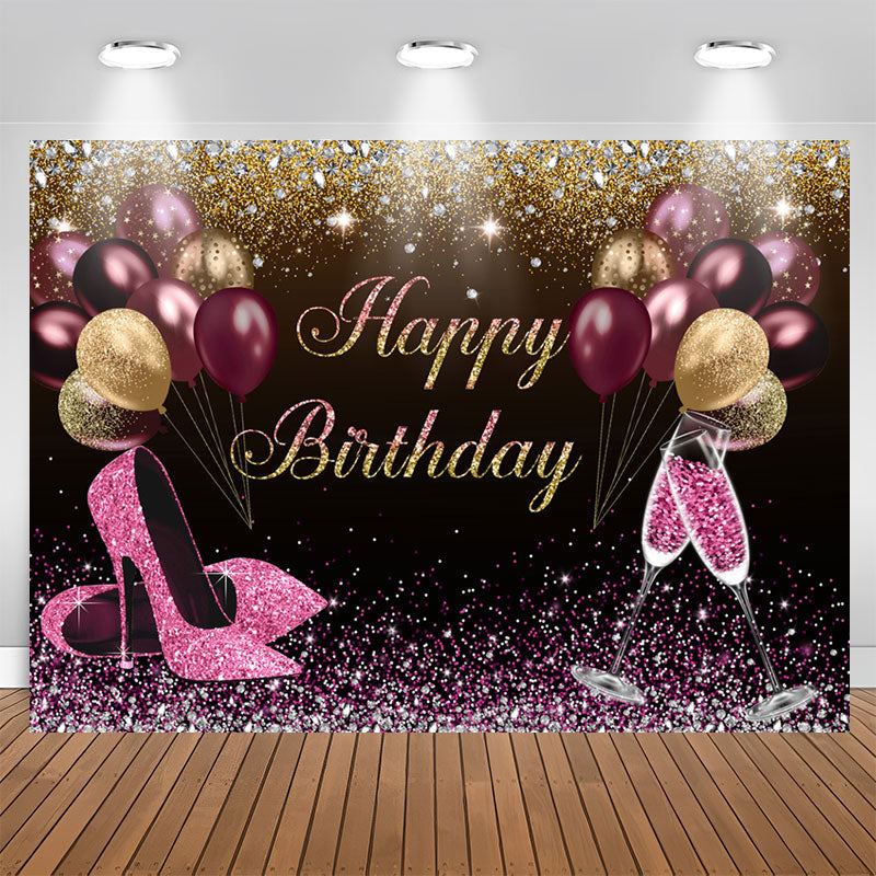 Aperturee - Hot Pink And Gold Glitter Balloons Birthday Backdrop