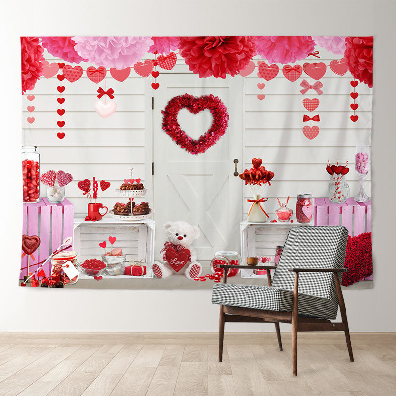 Aperturee - Hot Pink And Red Heart Teddy Valentine Backdrop