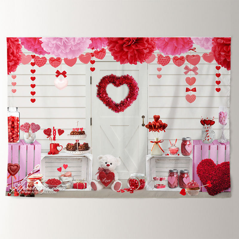 Aperturee - Hot Pink And Red Heart Teddy Valentine Backdrop