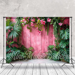 Aperturee - Hot Pink Wall Green Monstera Summer Forest Backdrop