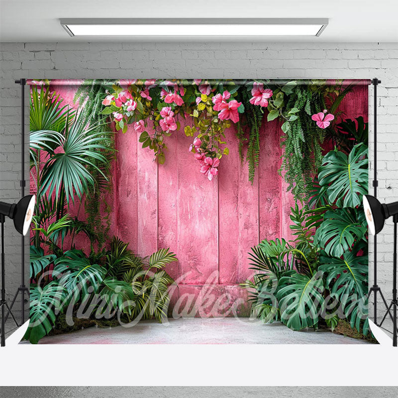 Aperturee - Hot Pink Wall Green Monstera Summer Forest Backdrop