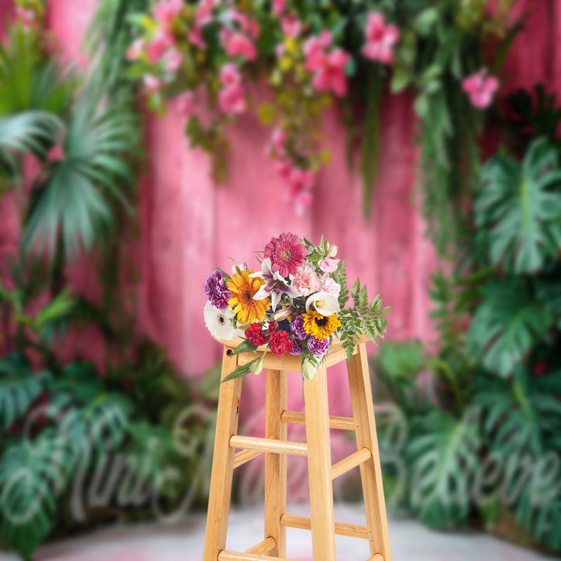 Aperturee - Hot Pink Wall Green Monstera Summer Forest Backdrop