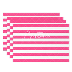 Aperturee - Hot Pink White Horizontal Stripe Set Of 4 Placemats