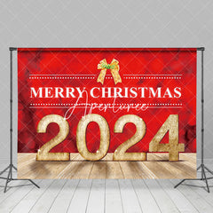 Aperturee - Hot Red Merry Christmas 2024 Gold Bow Holiday Backdrop