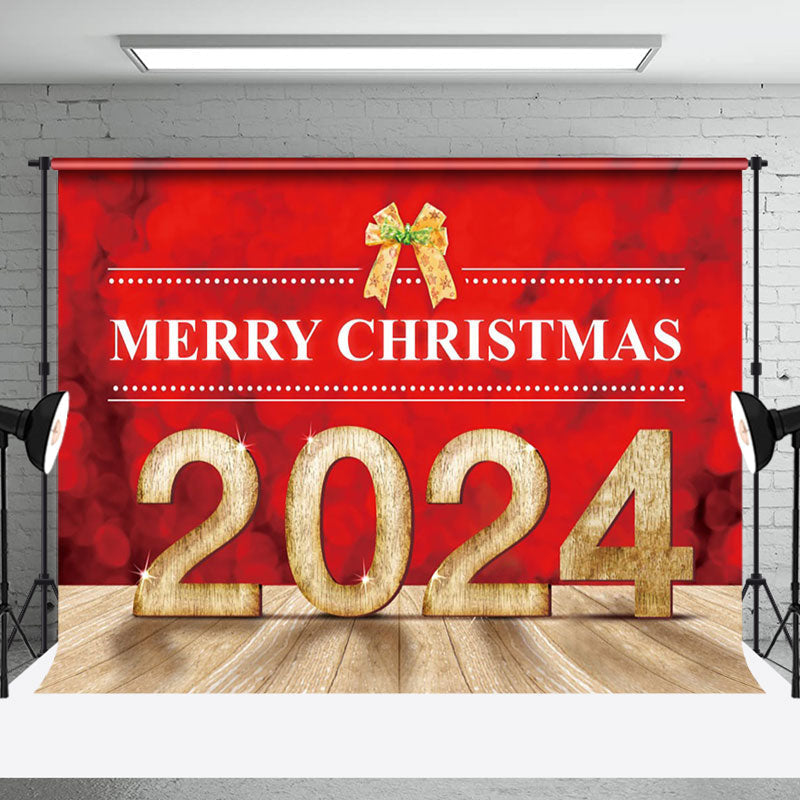 Aperturee - Hot Red Merry Christmas 2024 Gold Bow Holiday Backdrop