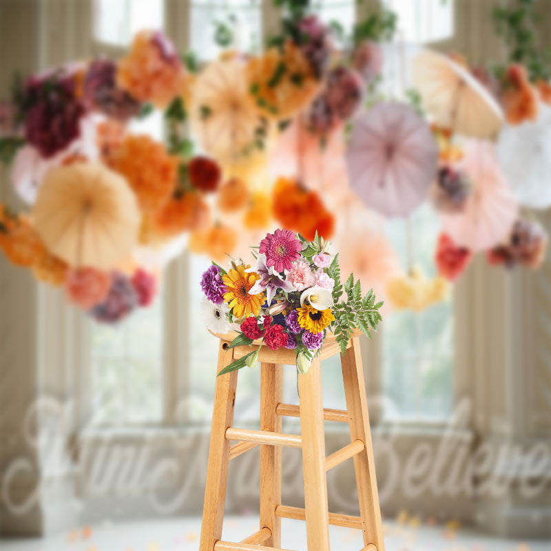 Aperturee - Huge Window Colored Hanging Umbrella Floral Backdrop