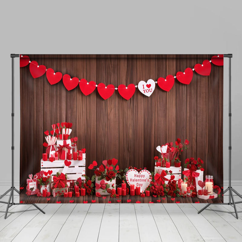 Aperturee - I Love You Wooden Red Hearts Valentines Day Backdrop