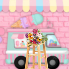 Aperturee - Ice Cream Car Pink Brick Wall Summer Photo Backdrop