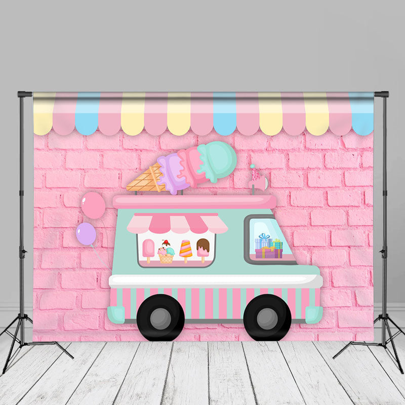 Aperturee - Ice Cream Car Pink Brick Wall Summer Photo Backdrop