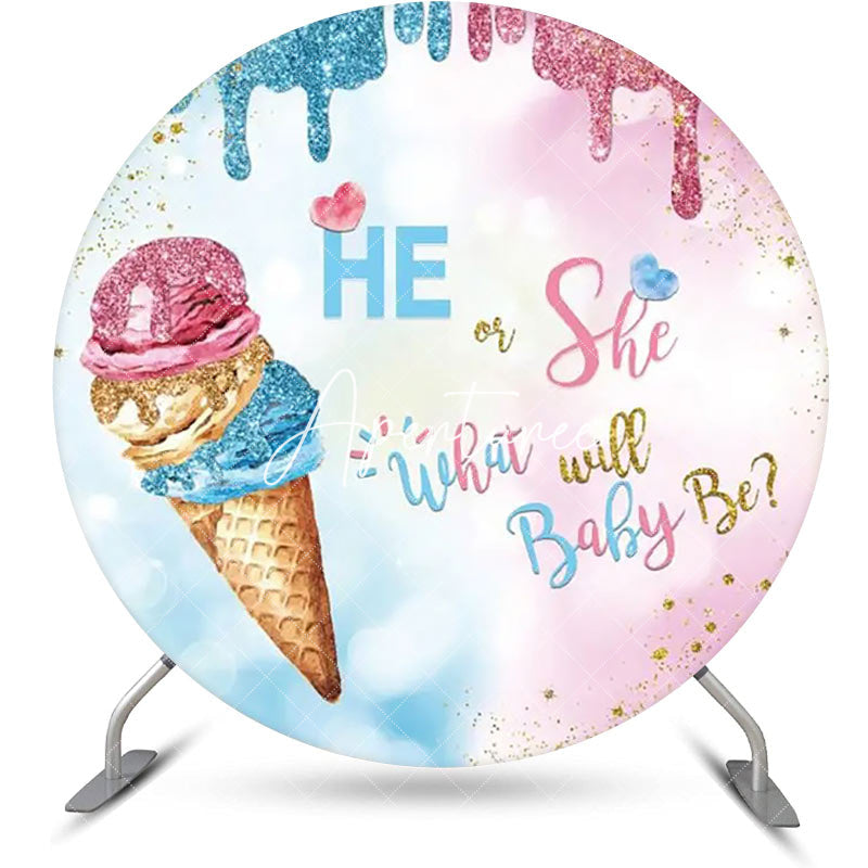 Aperturee - Ice Cream He Or She Bokeh Round Baby Shower Backdrop